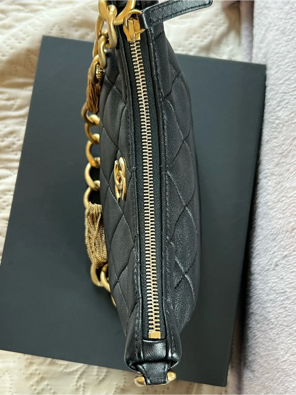 CHANEL Black Quilted Shoulder Hobo with Gold Chain and CC Emblem